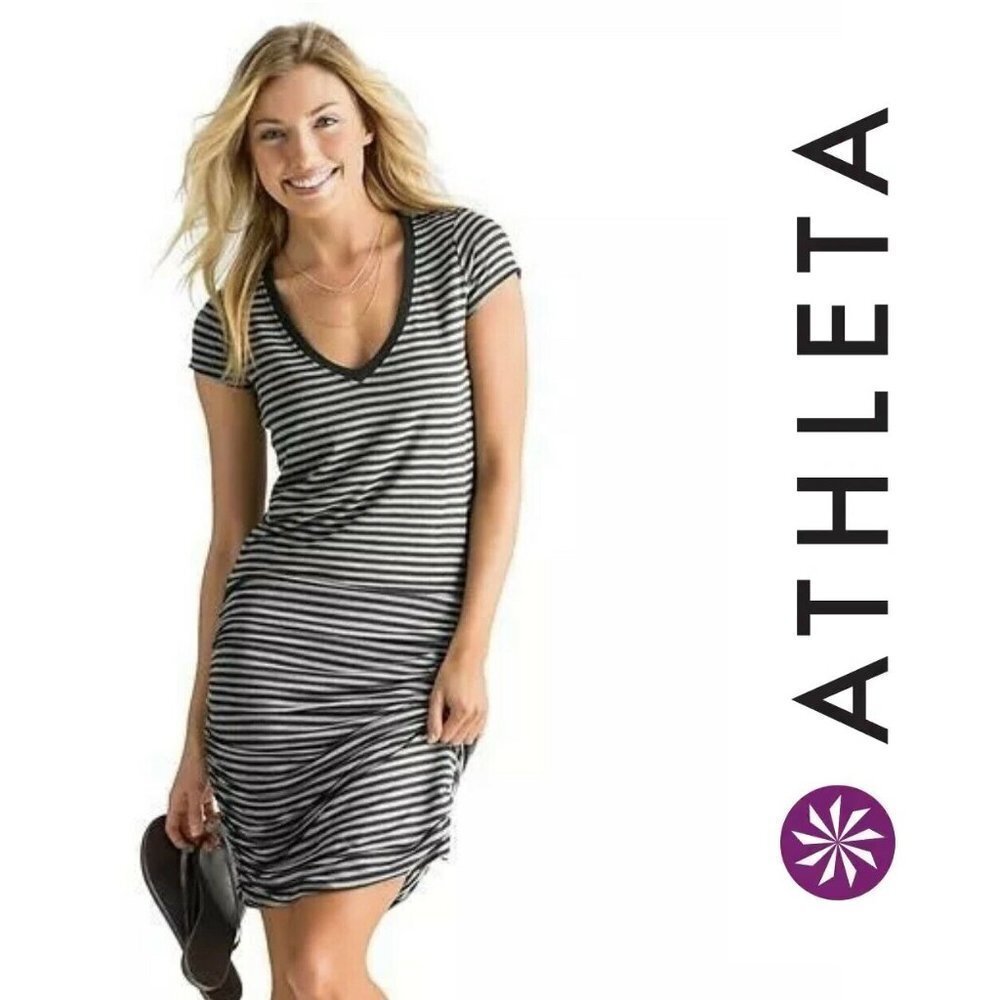 ATHLETA Tee Dress Womens XS Heathered Charcoal Gray Stripe Ruched Side 983209